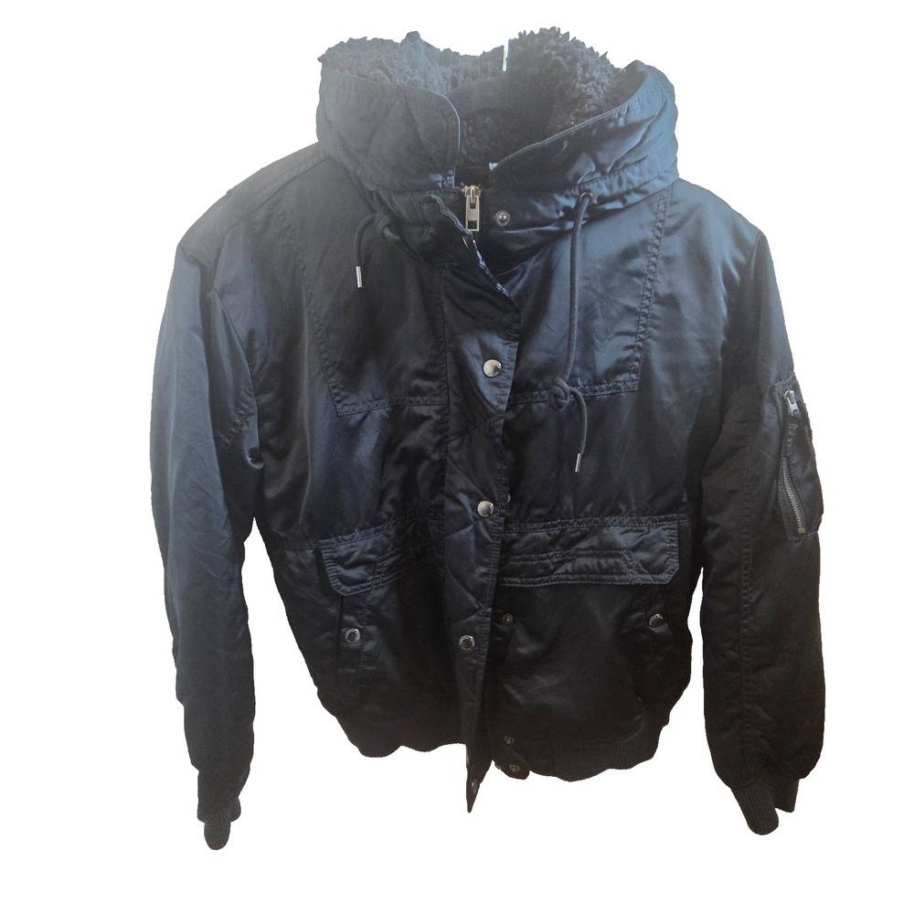 American Eagle AE-177 Womens Large Black Sherpa Lined Hooded Bomber Jacket